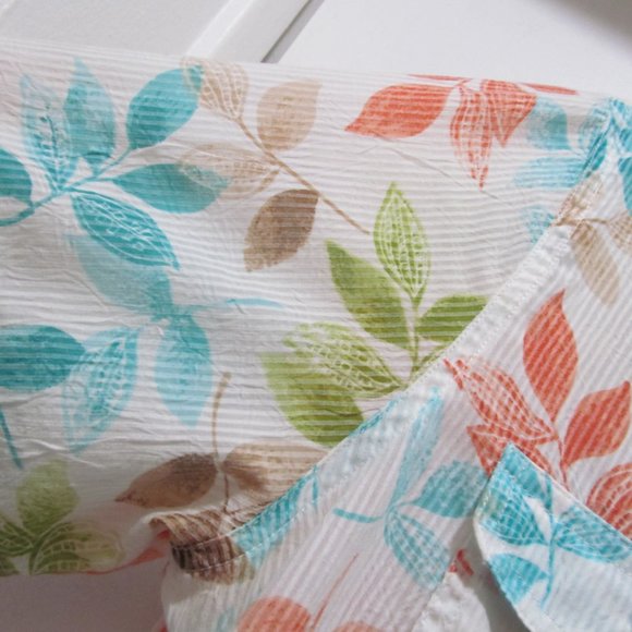 Alfred Dunner Top Shirt Blouse Short Sleeve Button Down Blue Green Orange Leaves - Picture 9 of 14